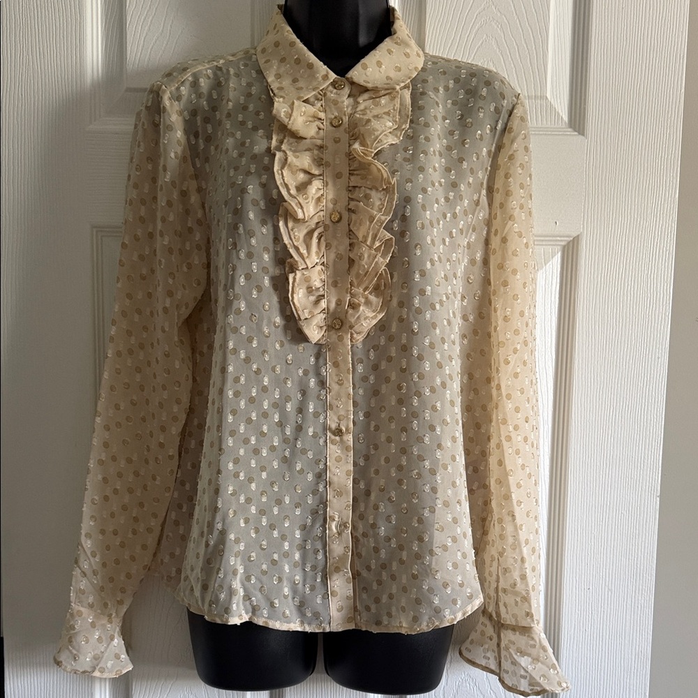 Muse Cream Sheer Polka Dot Ruffle Front Blouse